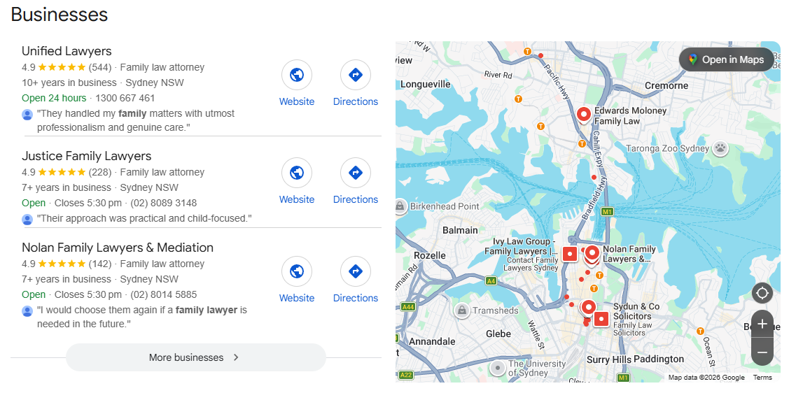Google local pack showing law firm listings with ratings, reviews and map locations