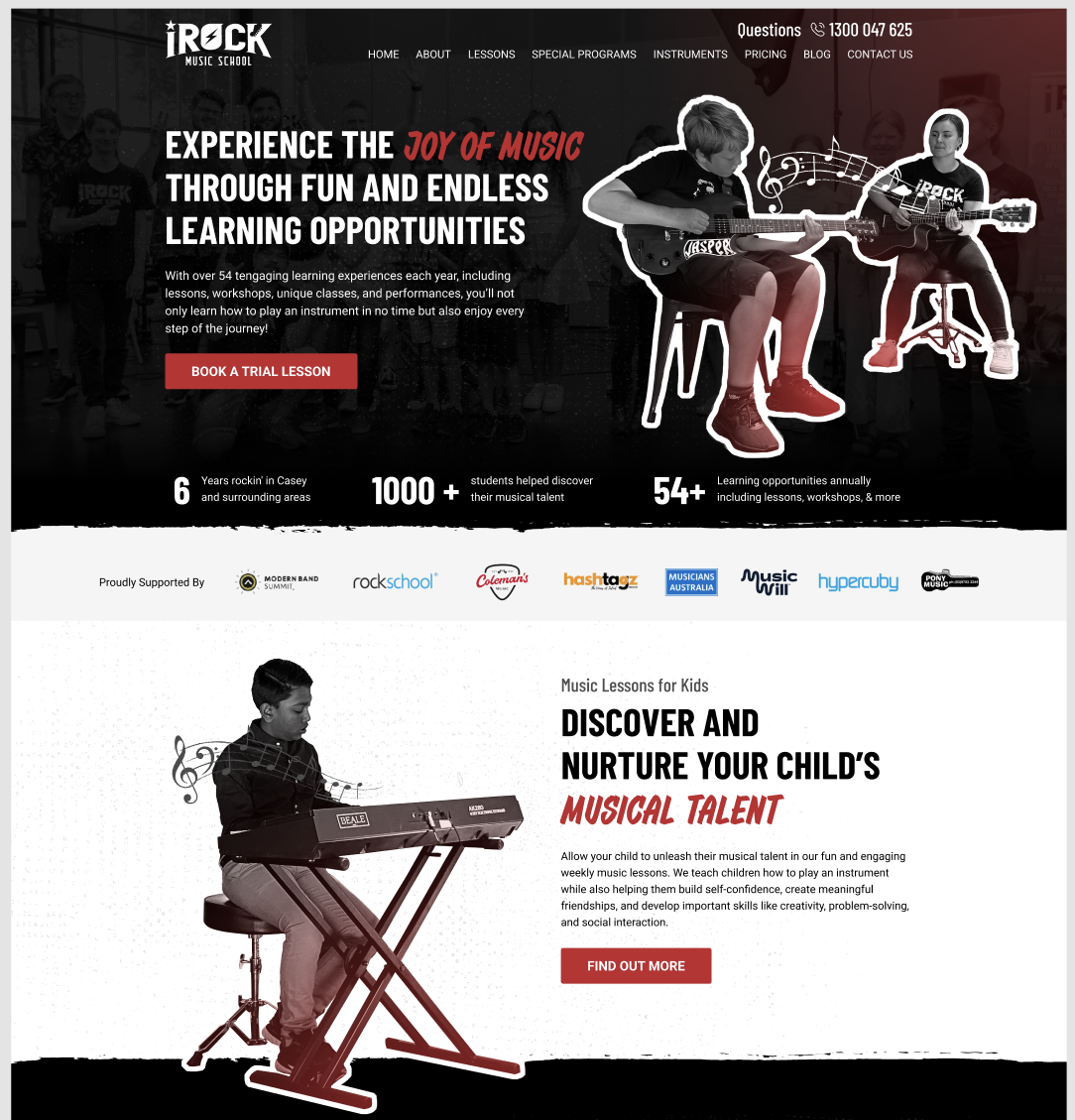 iRock Music School lead generation website with strong call-to-action and trust signals