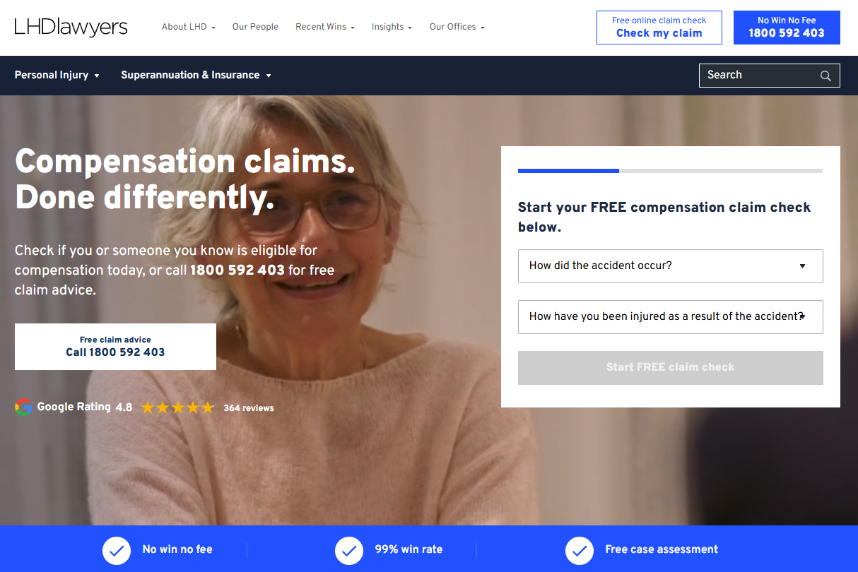 LHD Lawyers landing page showing form above the fold with trust signals