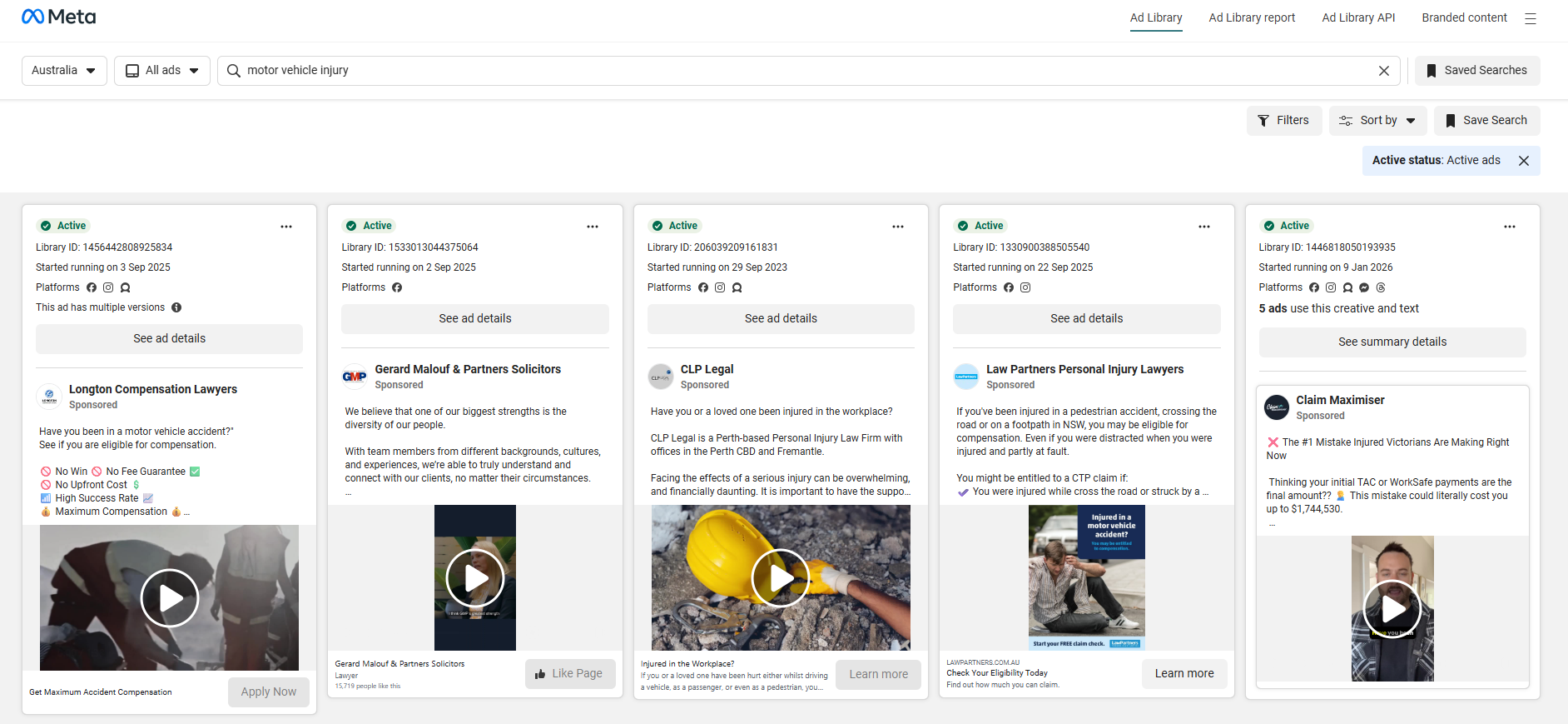 Meta Ad Library showing personal injury law firm ads in Australia