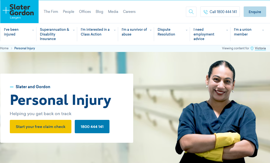 Slater and Gordon personal injury landing page with clear hero section